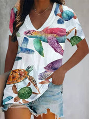 Vacation Turtle Print Double Collar Short-Sleeved T-Shirt