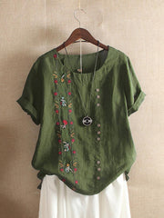 Women's Vintage Cotton Linen Embroidered Loose Short Sleeve Casual Shirts
