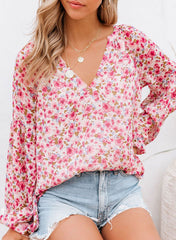 Long-Sleeved V-Neck Floral Chiffon Shirt