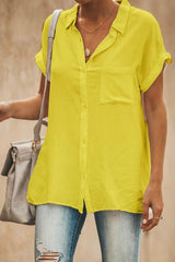 Women's Shirt collar Solid Color Buttons Short Sleeves Tops
