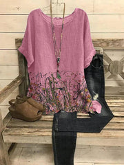 CREW NECK CASUAL FLORAL LINEN SHIRTS & TOPS