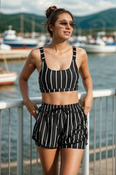 Black Striped Adjustable Straps Chic Bikini Top with Boy Short Set