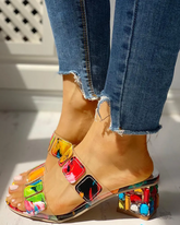 Colorful Applique Chunky Heeled Sandals