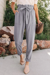 Gray Paper Bag Elastic Waist Casual Pants