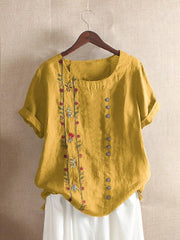 Women's Vintage Cotton Linen Embroidered Loose Short Sleeve Casual Shirts