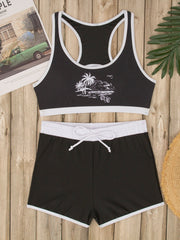 Coconut Tree Print Black and White Contrast Bikini Set