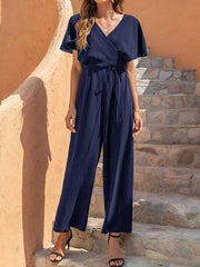 Solid Color Tie-waist Wide-leg Casual Jumpsuit