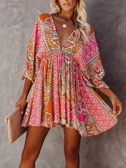 V Neck Multicolor Bohemian Pleated Dress