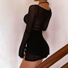 Solid Color Mesh Long Sleeve Slit Short Dress
