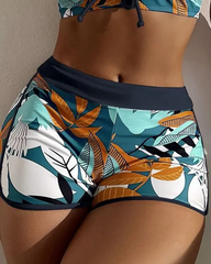 High Neck Sexy Leaf Print High Waist Halter Bikini Set