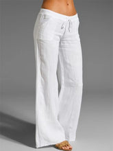 Solid Color High Waist Wide Leg Pants Women's Loose Cotton Linen Pocket Casual Pants