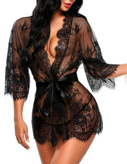 Lace Kimono Robe Babydoll Lingerie Mesh Nightgown S-5XL