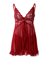 Bowknot Decor Sheer Mesh Lace Babydoll With Thong