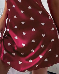 Heart Print Spaghetti Strap Satin Nightdress