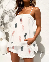 Feather Print Tassel Trim Cami Top & Shorts Set
