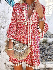 Floral Print V-Neck Tassel Stitching Boho Mini Dress