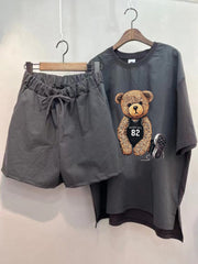 Fashionable Cartoon Loose Fashion T-Shirt Wide-Leg Three-Quarter Pants Two-Piece Suit