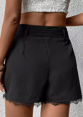 Lace Splicing Zipper Shorts with Belt - Black