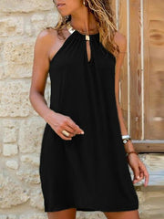 Neck Sleeveless Solid Color Mini Dress