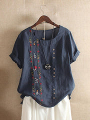 Women's Vintage Cotton Linen Embroidered Loose Short Sleeve Casual Shirts