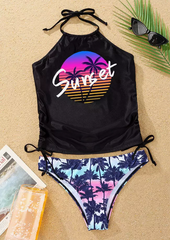 Sunset Gradient Coconut Tree Halter Tankini Set