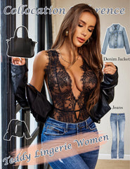 Women One Piece Lingerie Lace Bodysuit Deep V Teddy Mini Babydoll