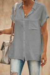 Women's Shirt collar Solid Color Buttons Short Sleeves Tops