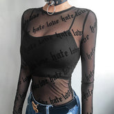 Letter Personalized Print See-Through Sexy Mesh Long-Sleeved T-Shirt