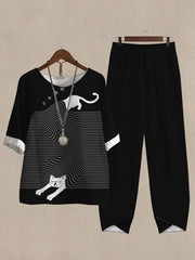 Fun Cat Print Casual Two Piece Set