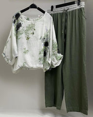 Women's Floral Print Cotton And Linen Casual Twopiece Set