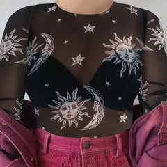 Star And Moon Printed Mesh See-Through T-Shirt