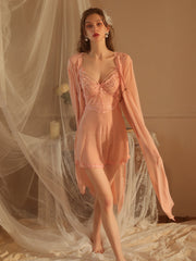 Lace Sexy Sleepwear V-Neck Two-Piece Slip Dress & Robe Set With T-Back