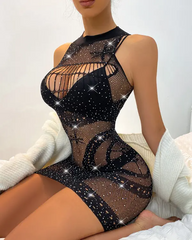 Halter Rhinestone Decor Cutout Stocking Babydoll