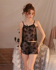 Lace Suspenders Solid Color See-Through Pajamas Set