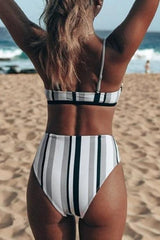 Striped High Waist Strap Bikini