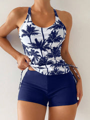 Coconut Tree Print Drawstring Straps Fashionable Belly-Covering Split Tankini Set