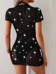 Mesh Short Sleeve Sequined Mesh Round Neck Straight Top