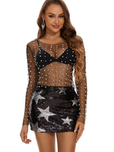 See-Through Beaded Long-Sleeved Mesh Top