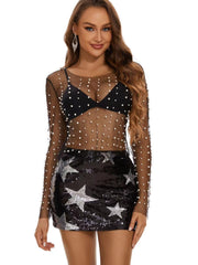See-Through Beaded Long-Sleeved Mesh Top