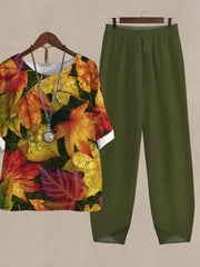 Maple Leaf Print Casual Two Piece Suits