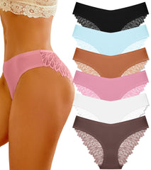 6 Pack Sexy Silky Seamless No Show Lace Bikini Lightweight Cheeky Hipster Panties