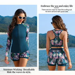 Peacock Blue-pink Flower 3 Piece Rash Guard Long Sleeve Swimsuits with Boyshorts Zip Up UPF 50+ Swim Shirt Built in Bra