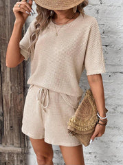 Round Neck Solid Color Knitted Casual Two-Piece Set