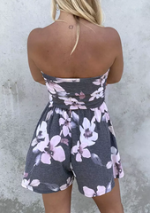 Floral Ruffled Pocket Strapless Open Back Romper - Gray