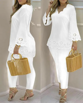 White Hollow Out Scallop Trim Bell Sleeve Top & Pants Set
