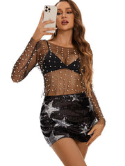 See-Through Beaded Long-Sleeved Mesh Top