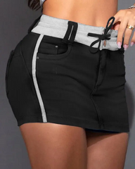 Contrast Binding Ripped Drawstring Denim Skorts
