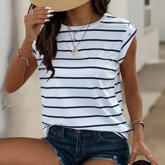 Fashionable Sleeveless Round Neck Striped T-Shirt