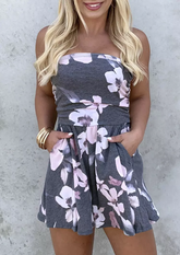 Floral Ruffled Pocket Strapless Open Back Romper - Gray