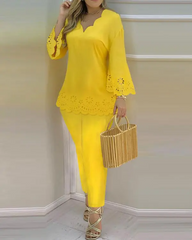 Yellow Hollow Out Scallop Trim Bell Sleeve Top & Pants Set